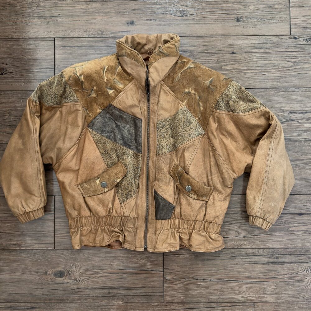 Winlit Patchwork Leather‎ Suede Bomber Jacket Tan Womens L